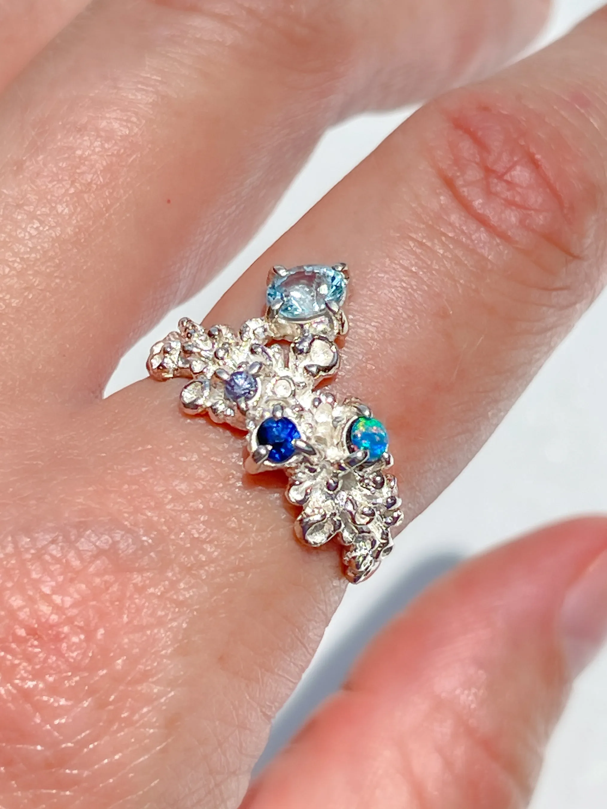 Coral Ring Silver with Blue Sapphires, Opals, & a large Aquamarine gemstones  - size 8