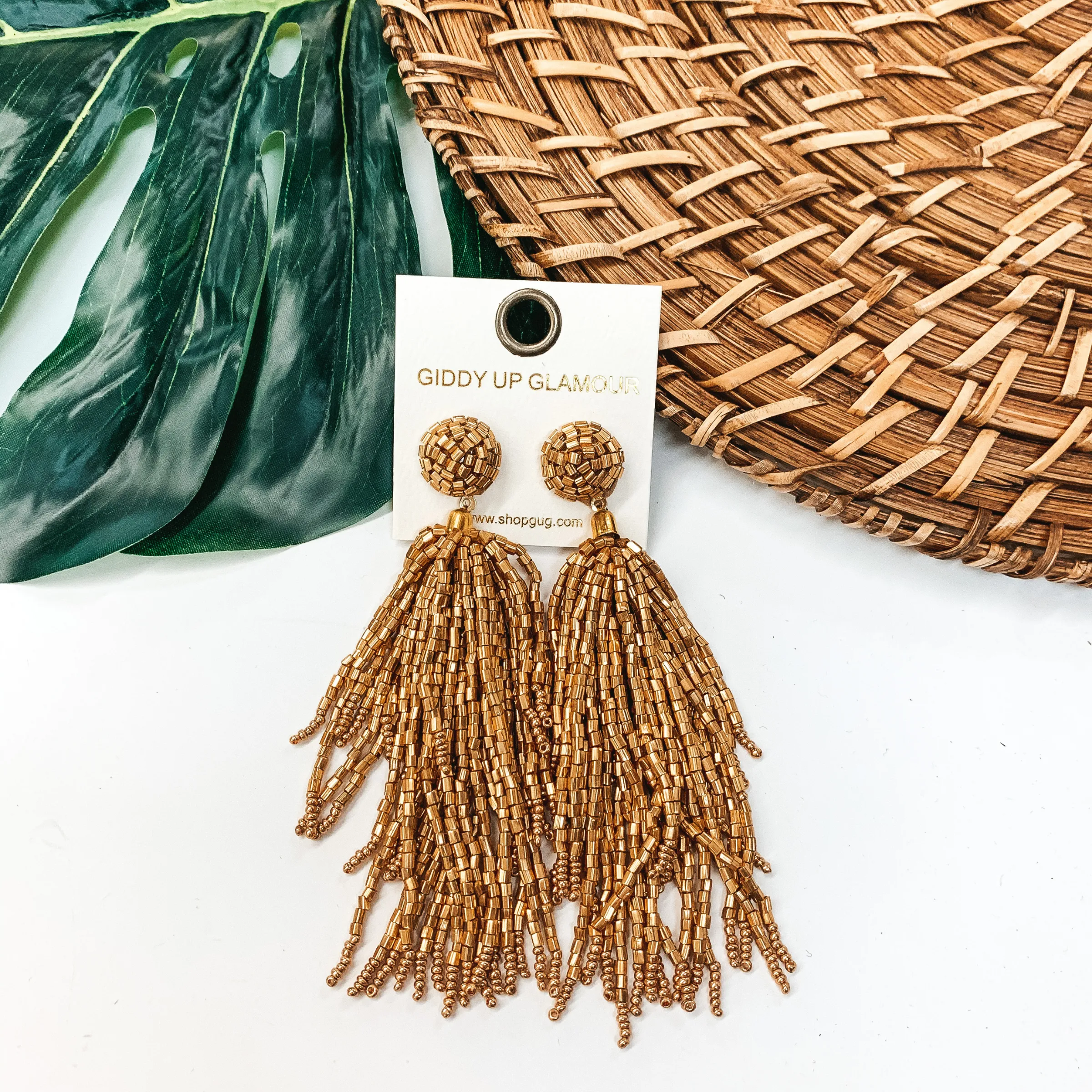 Crash My Party Seed Bead Tassel Earrings In Gold