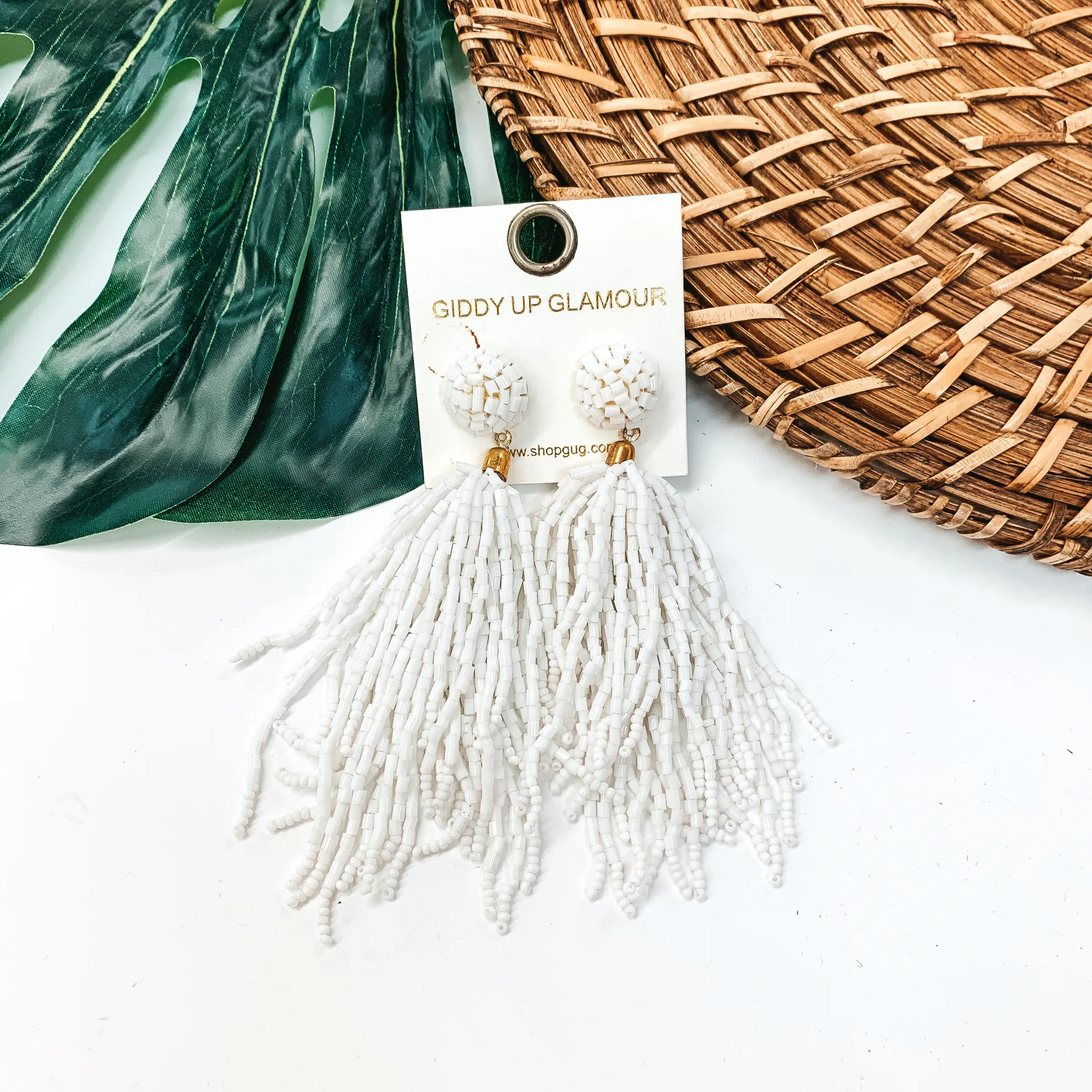 Crash My Party Seed Bead Tassel Earrings In White