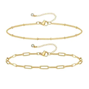 Dainty 14k Gold Plated Layering Anklets Bracelets Set- Paperclip & Satellite