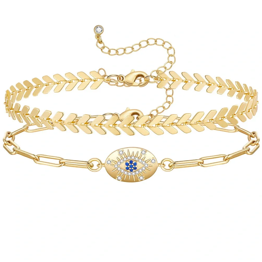 Dainty 14k Gold Plated Layering Evil Eye Anklets Set- Oval Evil Eye Fishbone