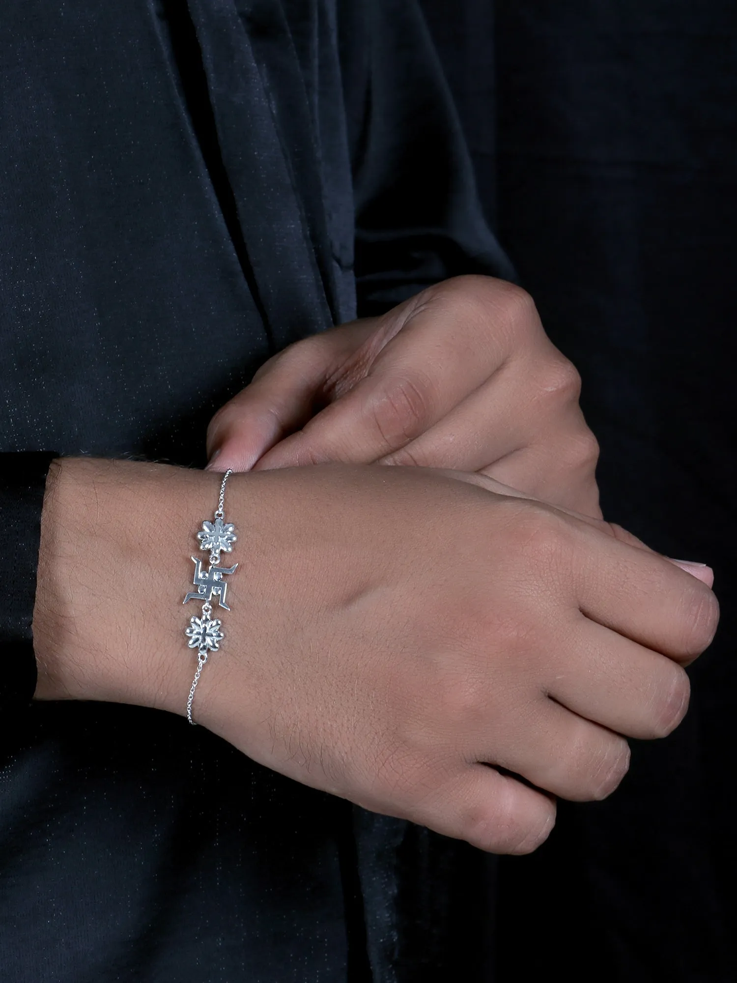 Deal Of The Month - 925 Silver Floral Swastik Bracelet For Him