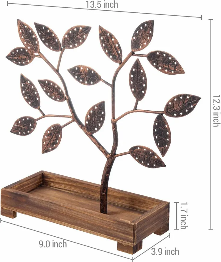 Earring Storage Rack Organizer, Bronze Finish Metal Jewelry Tree with Wooden Ring Tray Trinket Holder