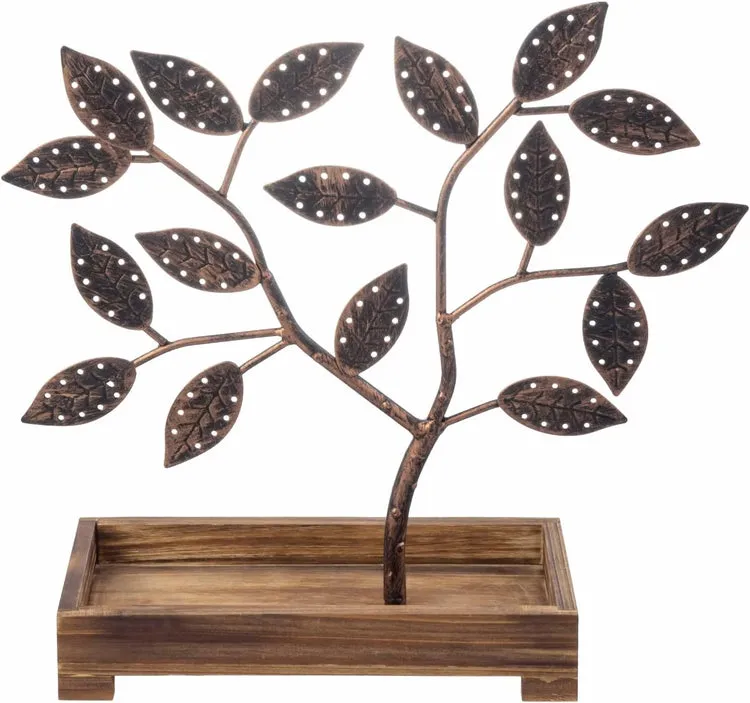 Earring Storage Rack Organizer, Bronze Finish Metal Jewelry Tree with Wooden Ring Tray Trinket Holder