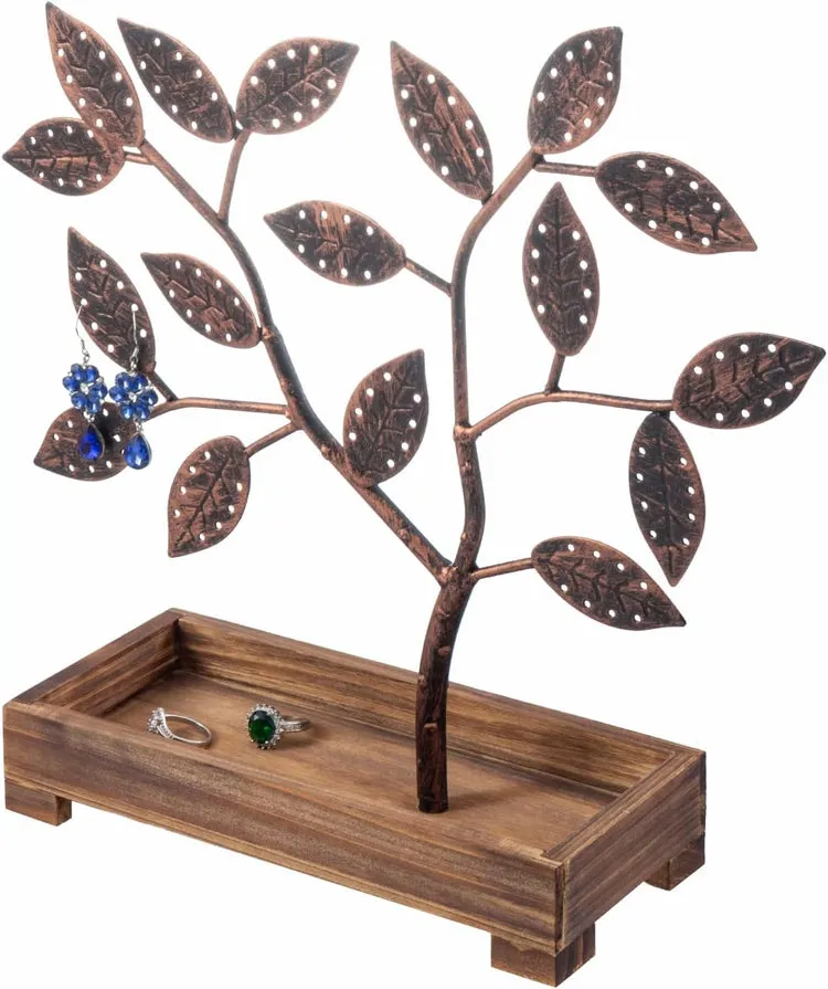 Earring Storage Rack Organizer, Bronze Finish Metal Jewelry Tree with Wooden Ring Tray Trinket Holder