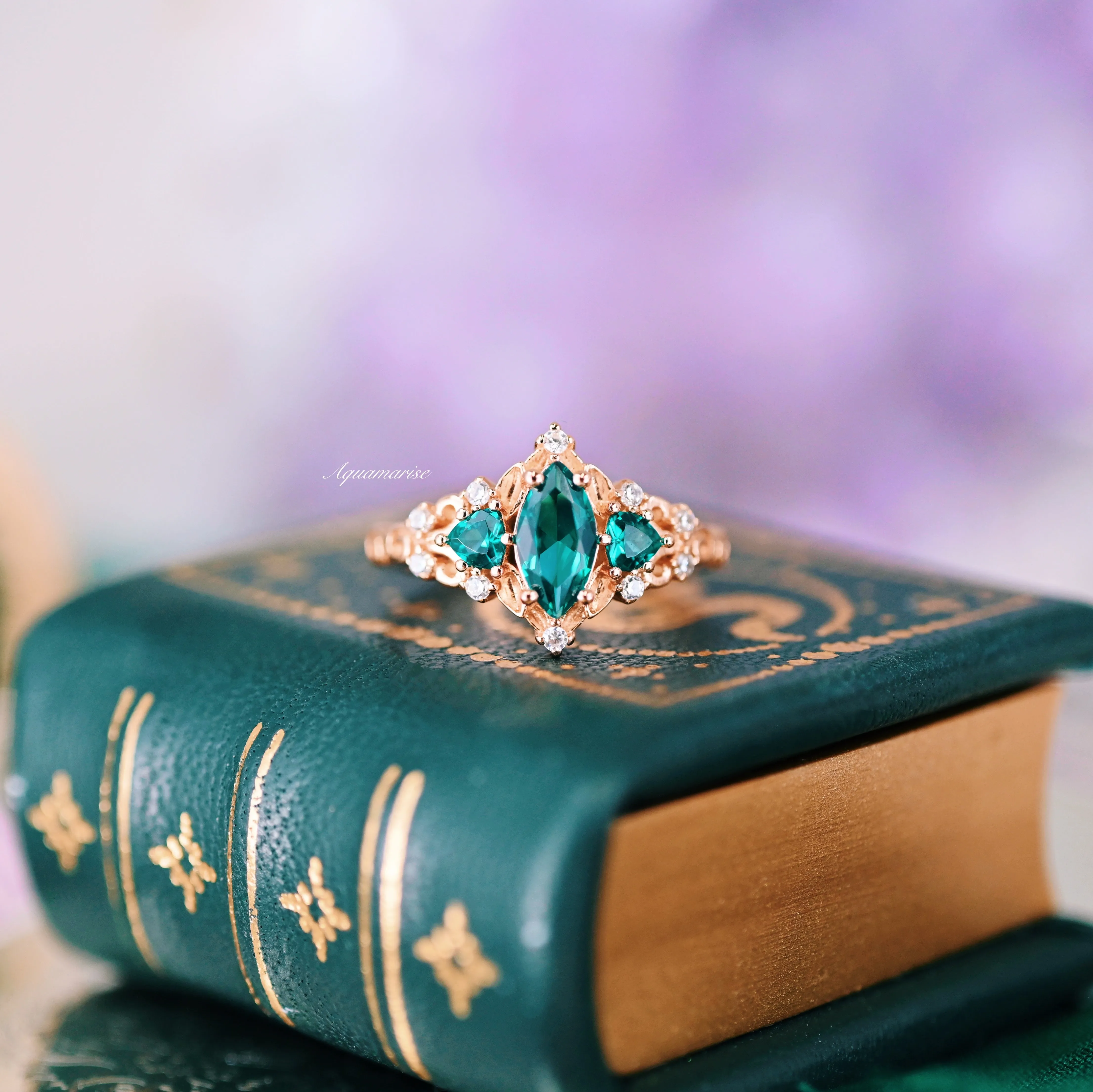 Elain Teal Sapphire Fairy Leaf Engagement Ring- 14K Rose Gold Vermeil