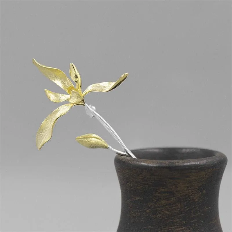 Elegant 925 Sterling Silver Orchid Flower Brooch Pin - A Perfect Gift for Women