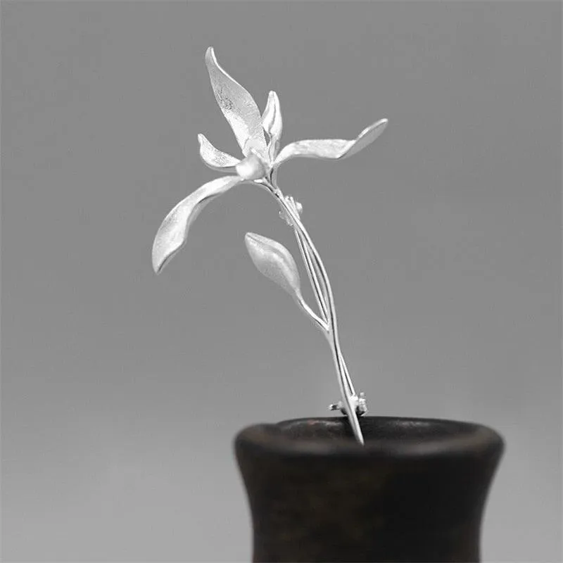 Elegant 925 Sterling Silver Orchid Flower Brooch Pin - A Perfect Gift for Women