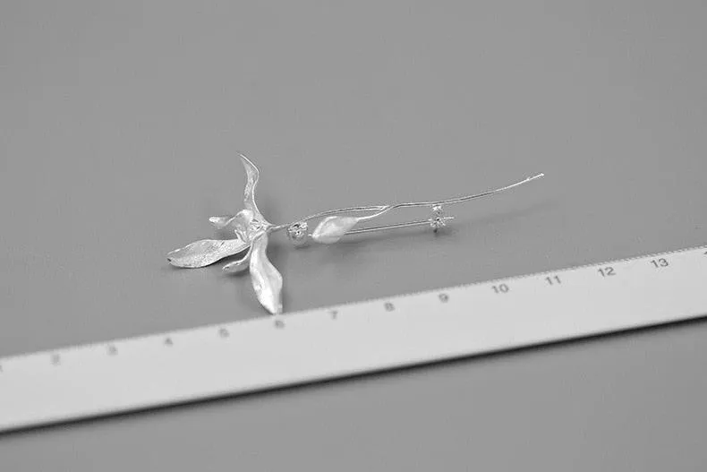 Elegant 925 Sterling Silver Orchid Flower Brooch Pin - A Perfect Gift for Women