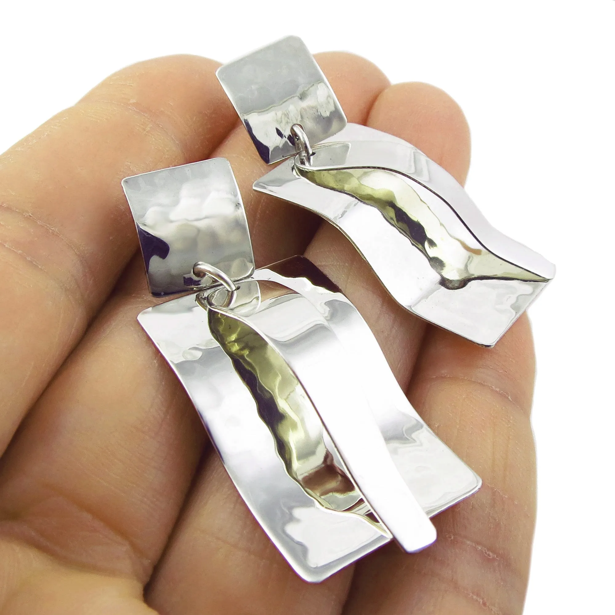 Elegant 925 Sterling Silver Polished and Hammered Rectangle Drop Earrings