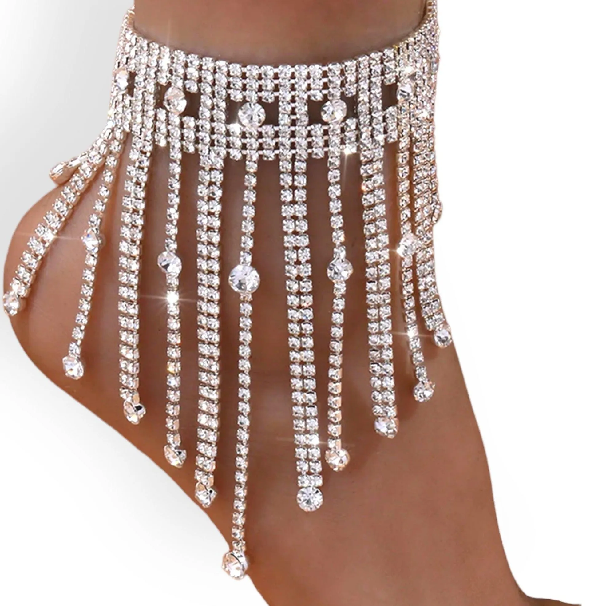 Elegant Rhinestone Long Tassel Anklets