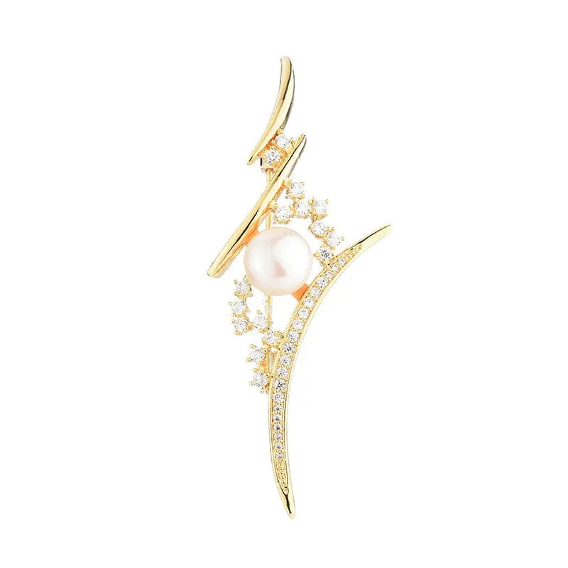 Elegant Sharp Pointy Design Brooch with Pearl and Crystals