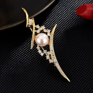 Elegant Sharp Pointy Design Brooch with Pearl and Crystals