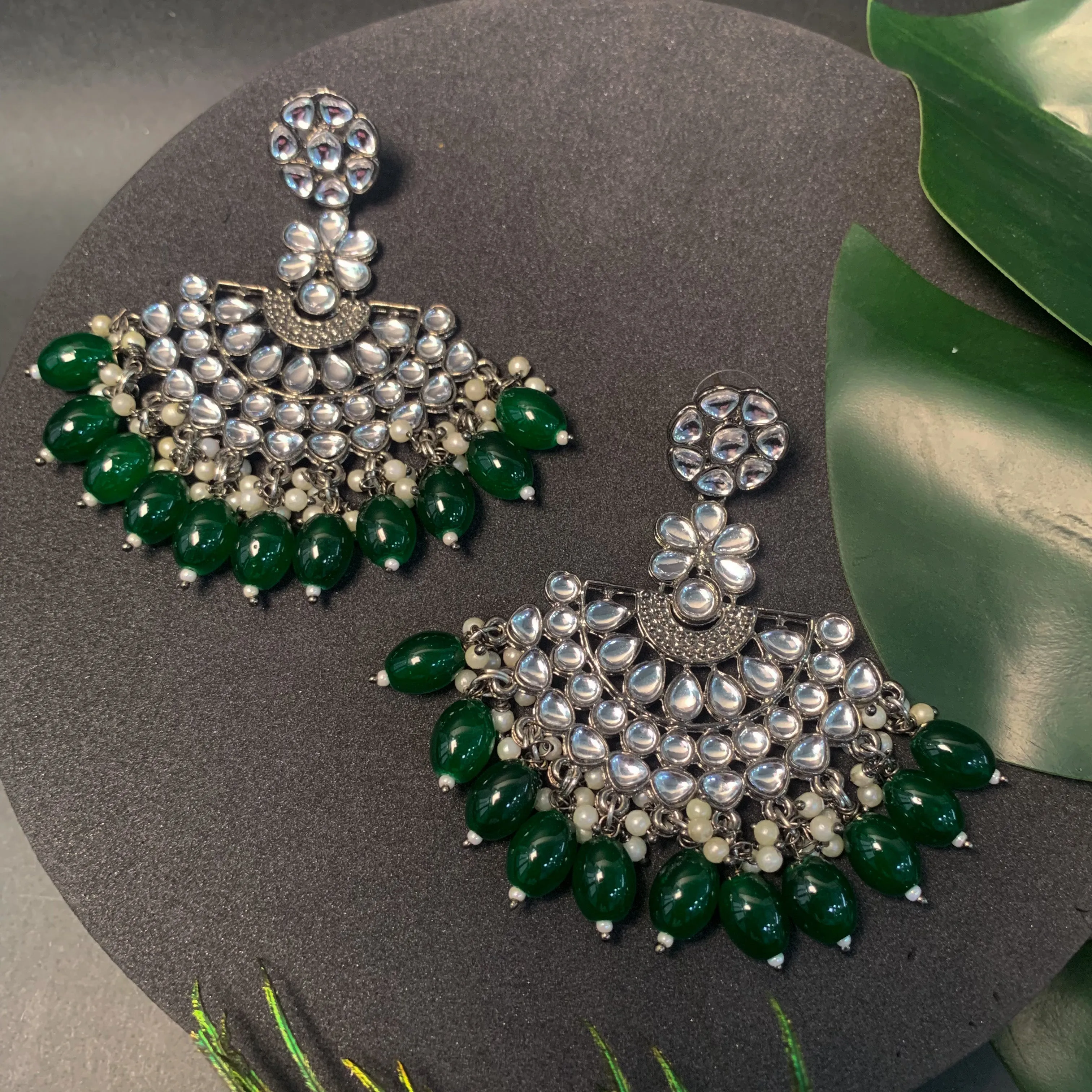 Ethnic Stylish Silver Oxidised Kundan Pearl Chandbali Earrings For Women And Girls