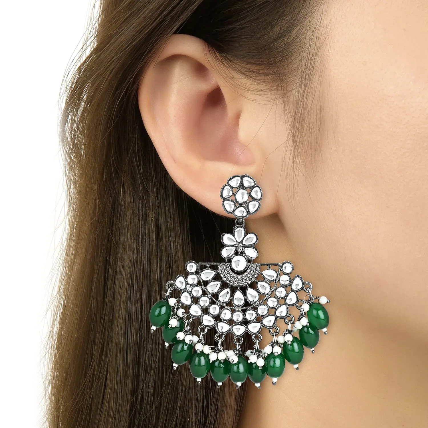 Ethnic Stylish Silver Oxidised Kundan Pearl Chandbali Earrings For Women And Girls