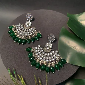 Ethnic Stylish Silver Oxidised Kundan Pearl Chandbali Earrings For Women And Girls