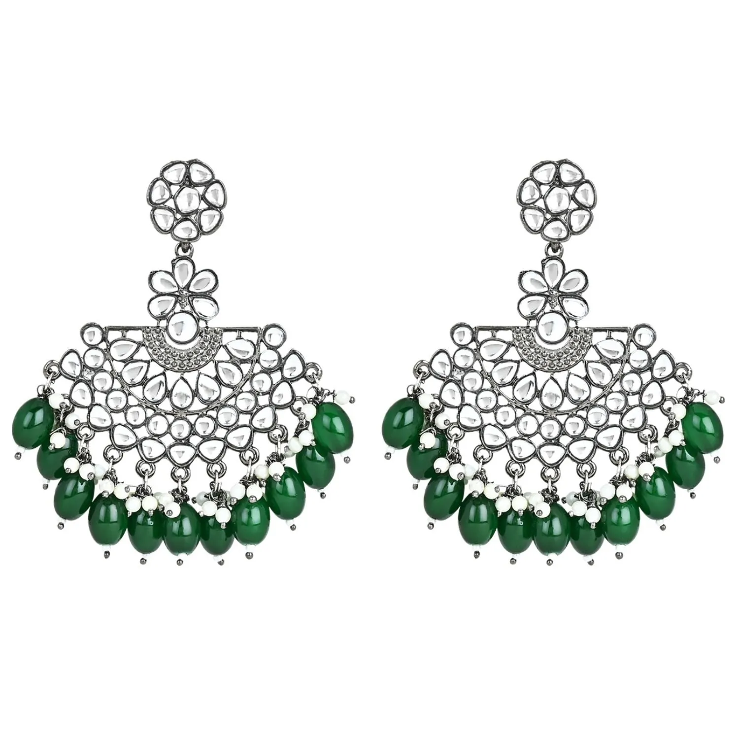 Ethnic Stylish Silver Oxidised Kundan Pearl Chandbali Earrings For Women And Girls