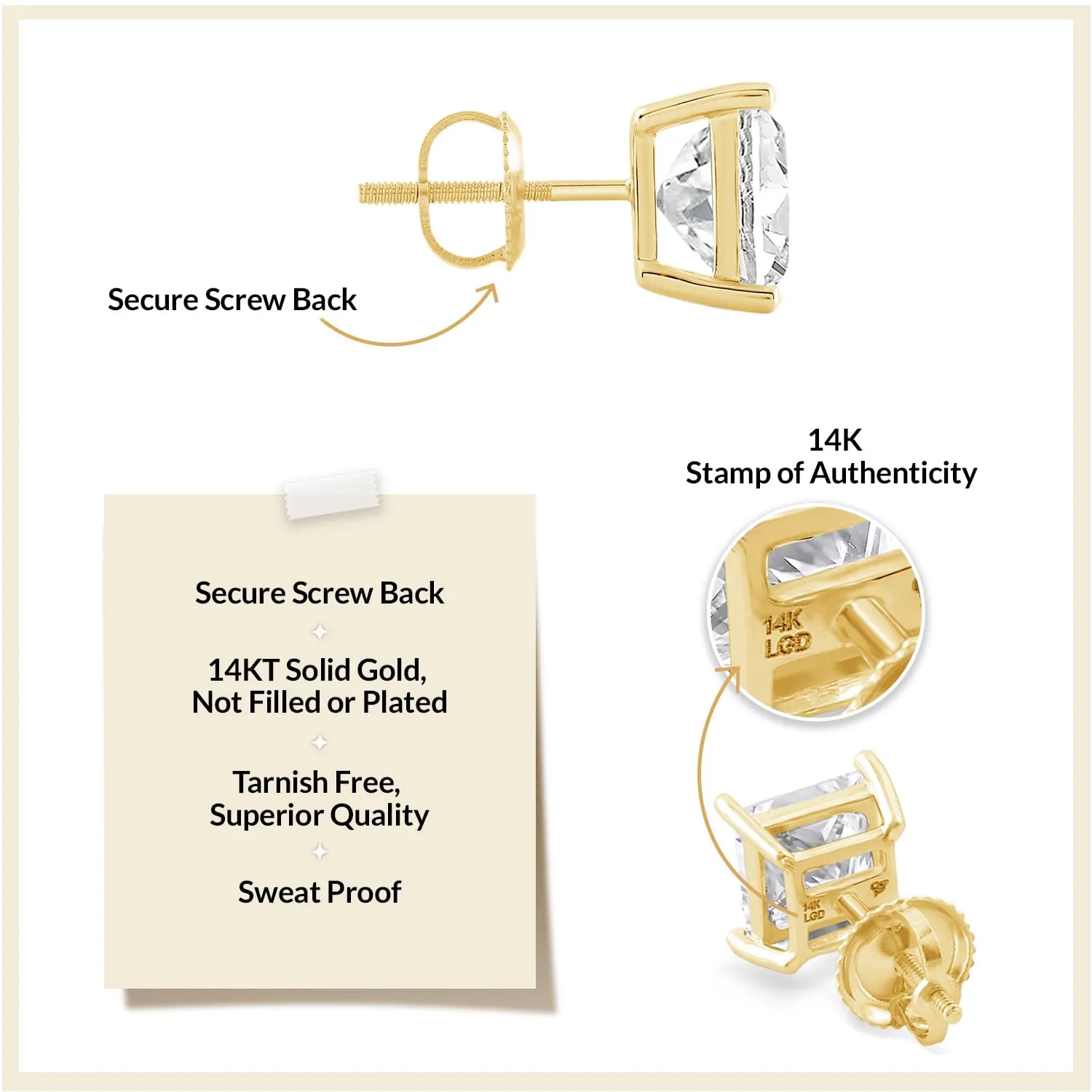 Everyday Elegance 14K Solid Yellow Gold Classic Four Prong Stud Earrings | Princess Cut Lab Grown Diamond | Screw Back Posts | 1.5 CTW (E-F Color, VS2-SI1 Clarity) | With Gift Box