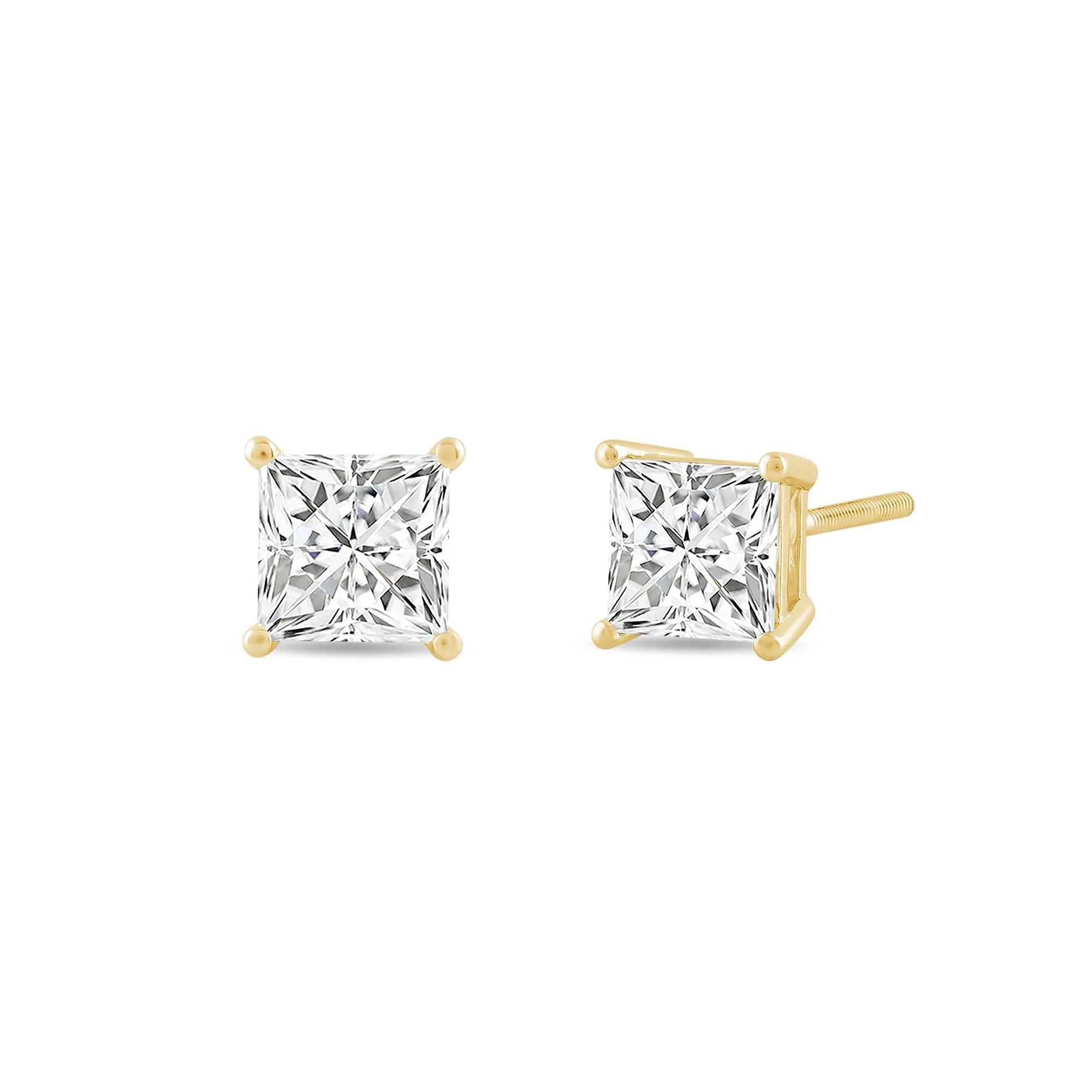 Everyday Elegance 14K Solid Yellow Gold Classic Four Prong Stud Earrings | Princess Cut Lab Grown Diamond | Screw Back Posts | 1.5 CTW (E-F Color, VS2-SI1 Clarity) | With Gift Box