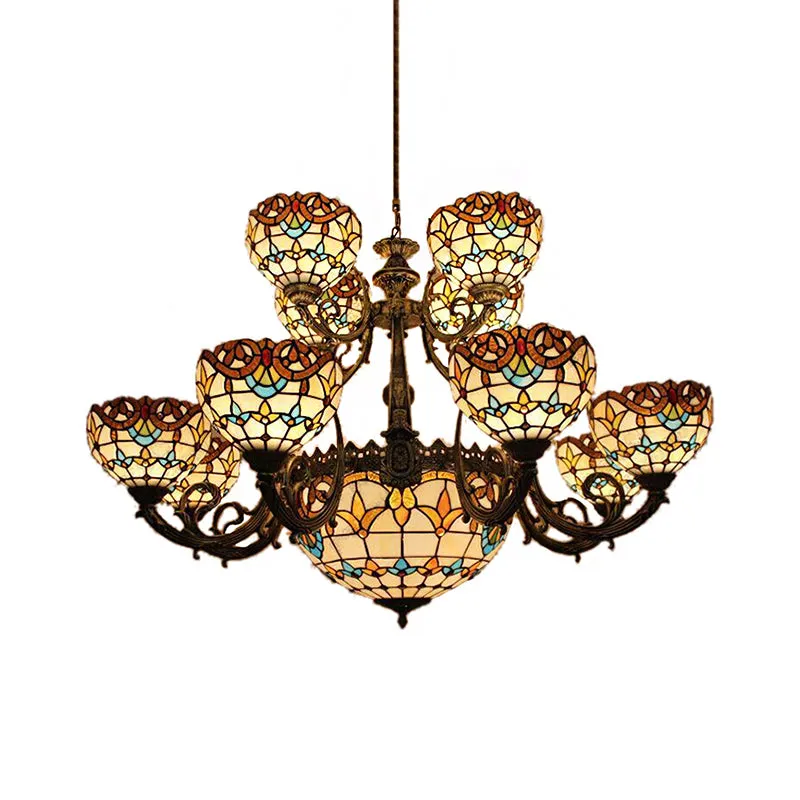 Extra Large Baroque Style 26/13-Light Chandelier with Art Glass Pendants in Brown for Living Room