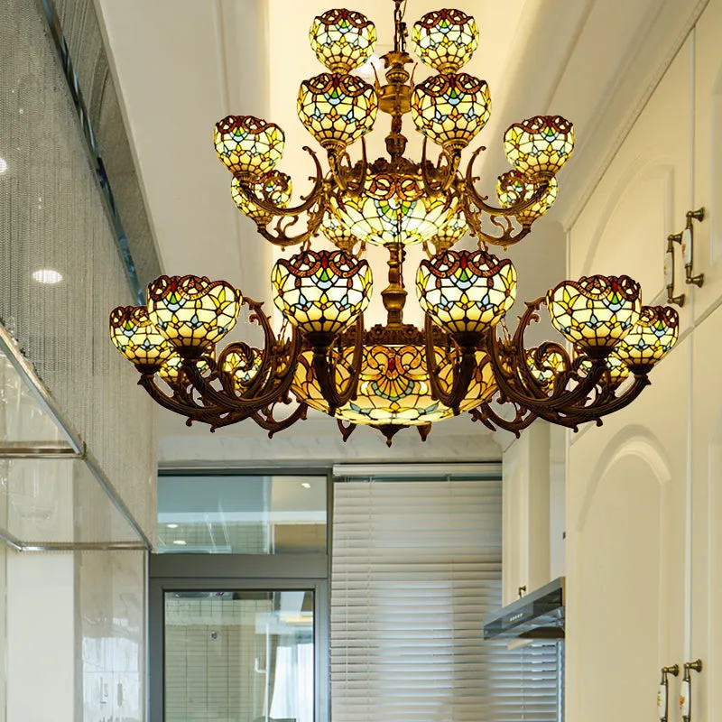 Extra Large Baroque Style 26/13-Light Chandelier with Art Glass Pendants in Brown for Living Room