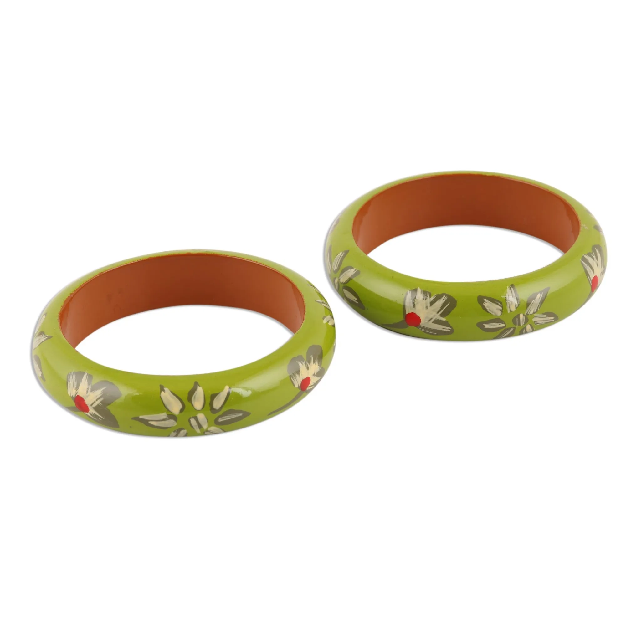 Floral Haldu Wood Bangle Bracelets in Lime from India (Pair) - Lime Bloom | NOVICA