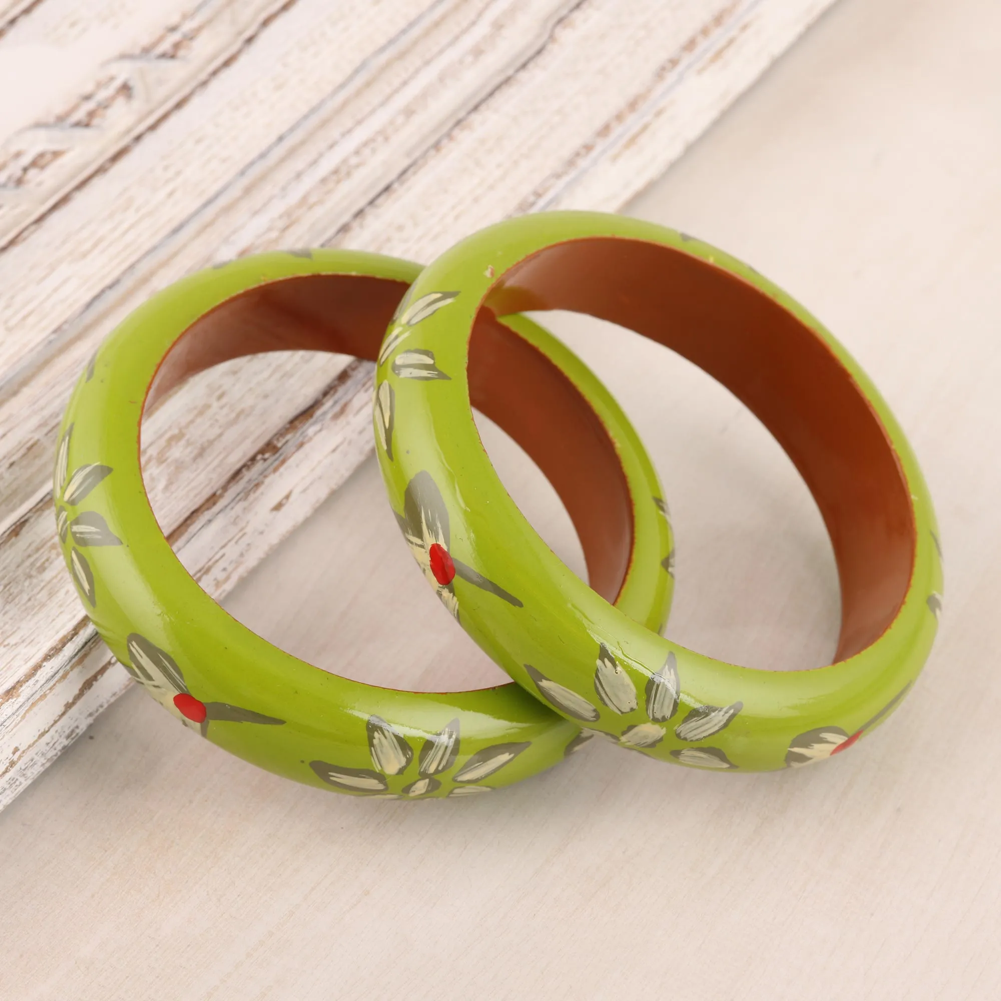 Floral Haldu Wood Bangle Bracelets in Lime from India (Pair) - Lime Bloom | NOVICA