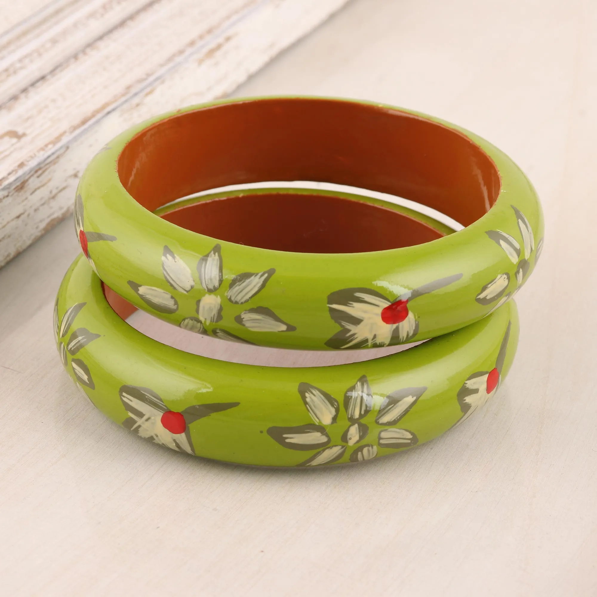 Floral Haldu Wood Bangle Bracelets in Lime from India (Pair) - Lime Bloom | NOVICA