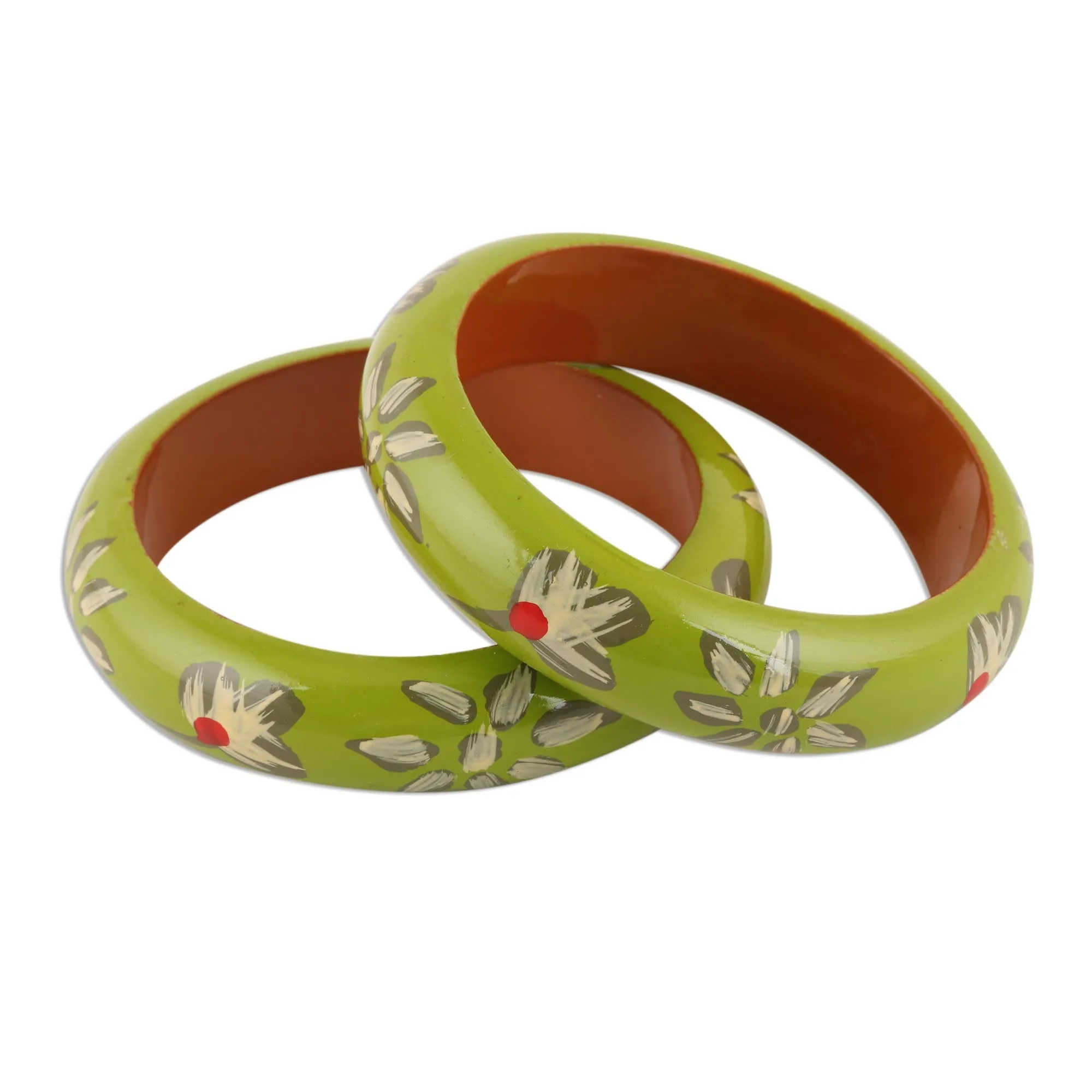 Floral Haldu Wood Bangle Bracelets in Lime from India (Pair) - Lime Bloom | NOVICA