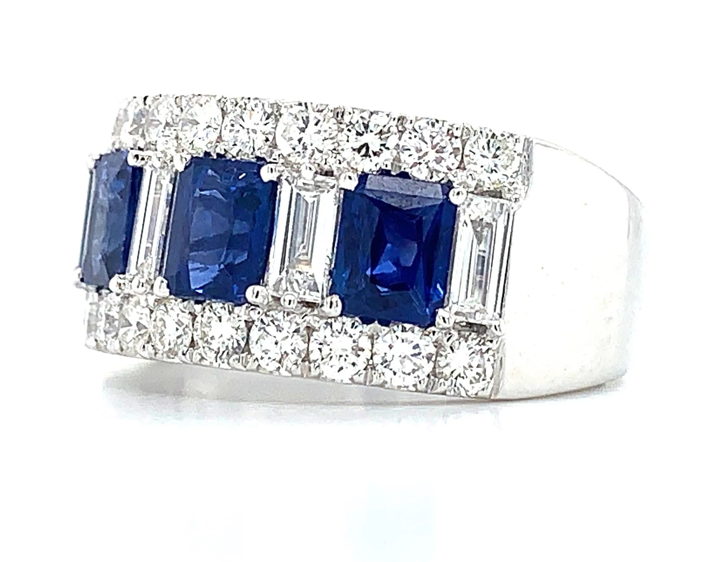 Four Stone Emerald Cut Blue Sapphire & Diamond Ring