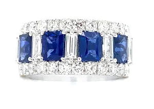 Four Stone Emerald Cut Blue Sapphire & Diamond Ring