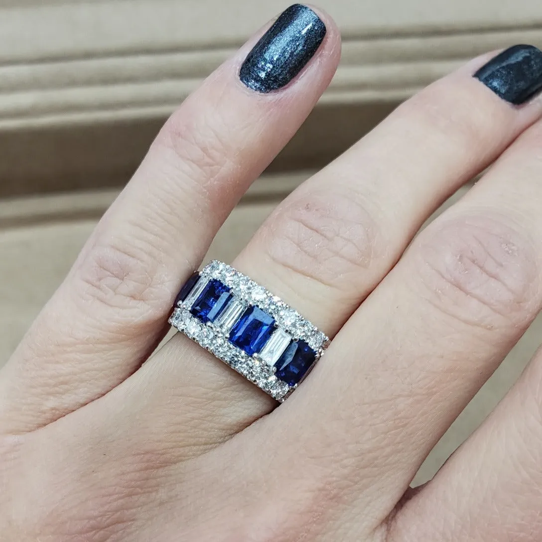 Four Stone Emerald Cut Blue Sapphire & Diamond Ring