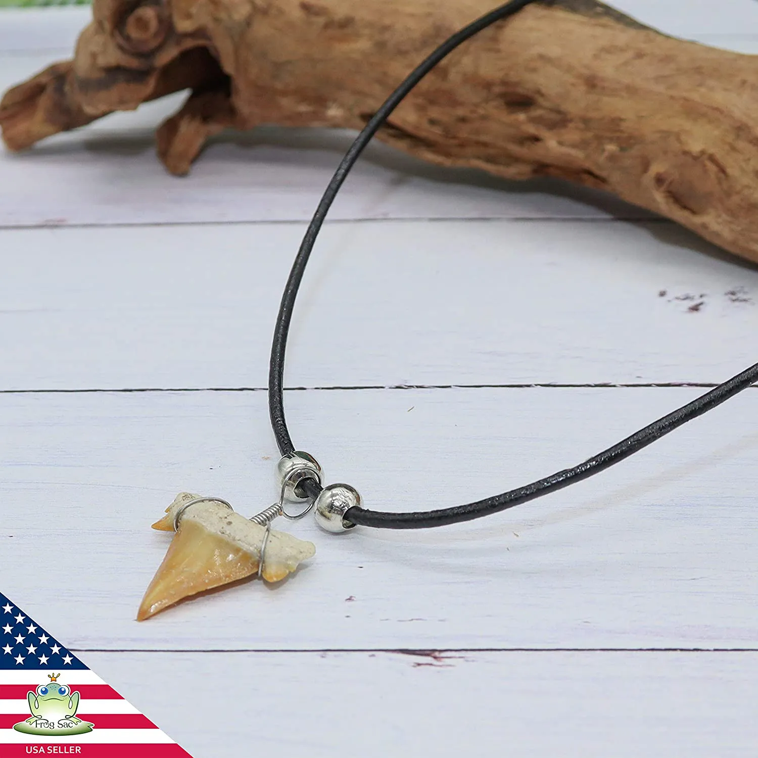 FROG SAC Natural Shark Tooth Necklace for Boys, Genuine Fossil Shark Teeth Jewelry Surfer Necklace, Cool Beach Necklaces for Men, Teen Girls Leather Cord Shark Necklace, Shark Tooth Pendant Neckless