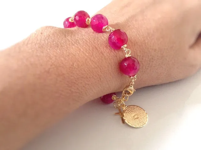 Fucsia Jade Stone Our Lord's Prayer Bracelet