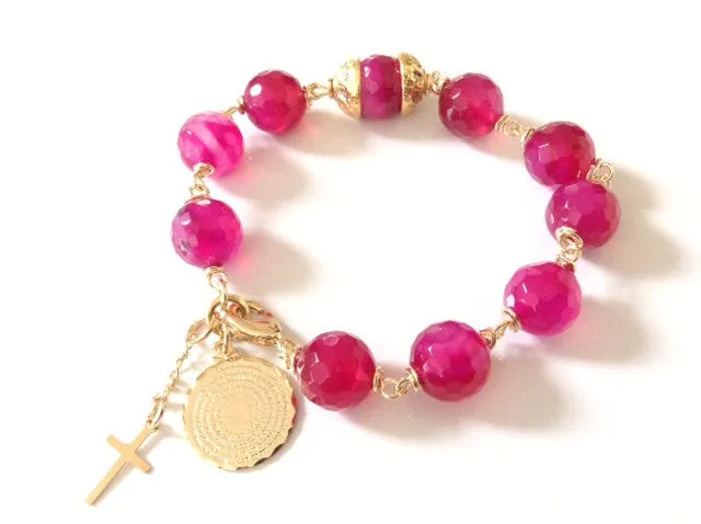 Fucsia Jade Stone Our Lord's Prayer Bracelet