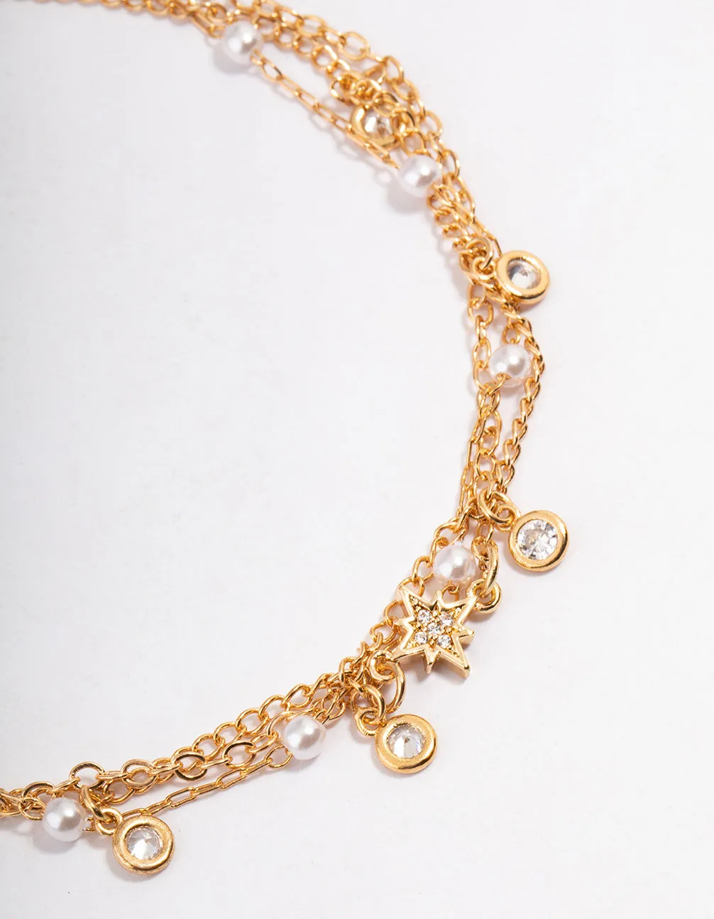 Gold Cubic Zirconia & Pearl Bead Anklet Pack