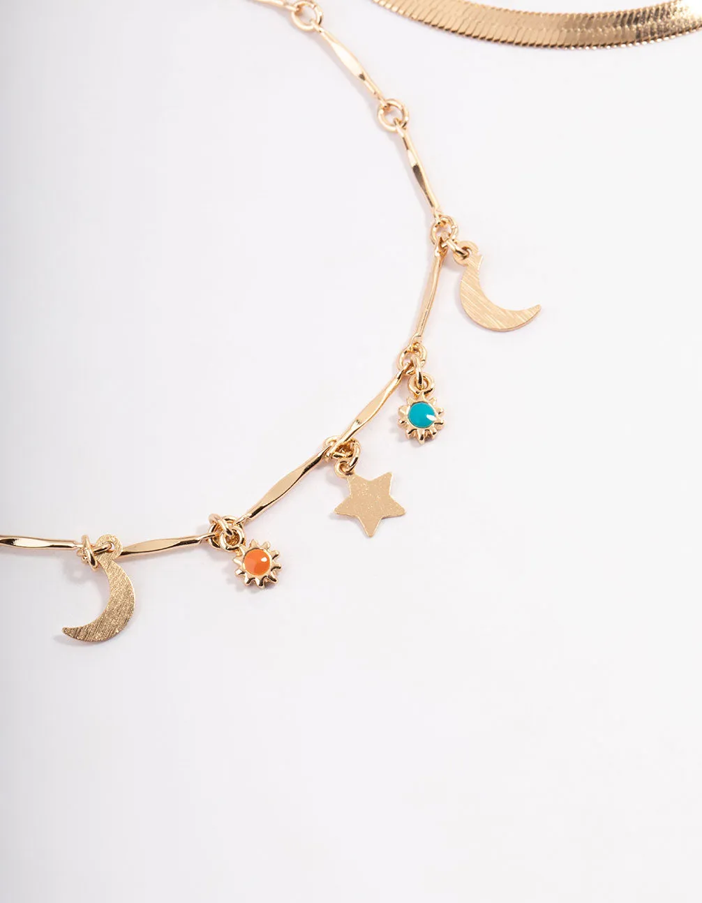 Gold Double Layer Herringbone Charm Anklet