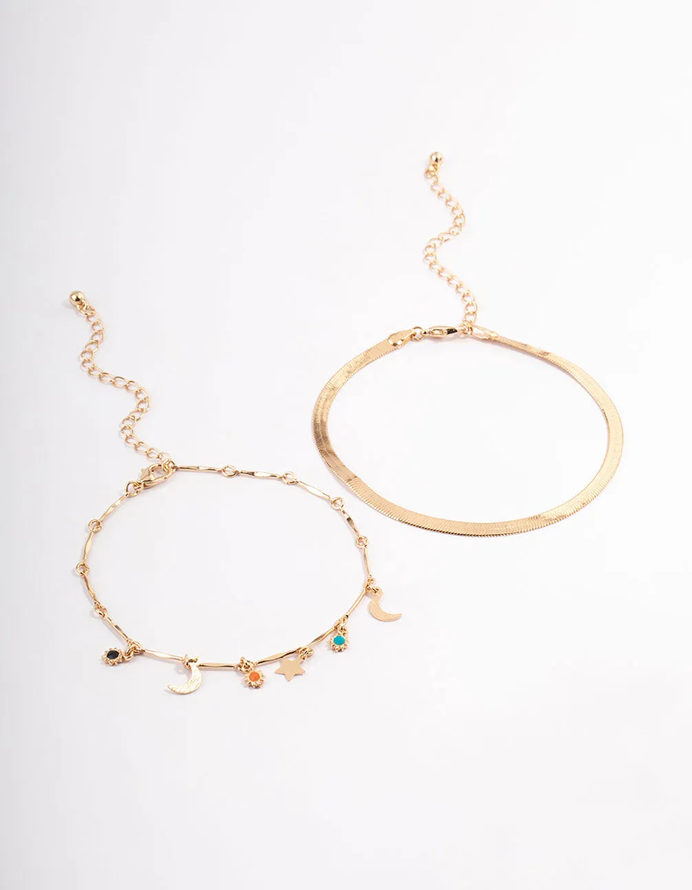 Gold Double Layer Herringbone Charm Anklet