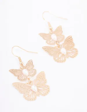 Gold Double Pearl Butterfly Drop Earrings