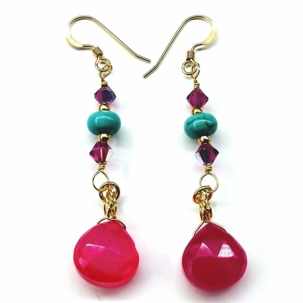 Gold Filled Wire Wrapped Pink And Turquoise Gemstone Earrings