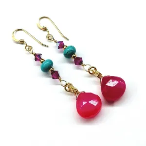 Gold Filled Wire Wrapped Pink And Turquoise Gemstone Earrings