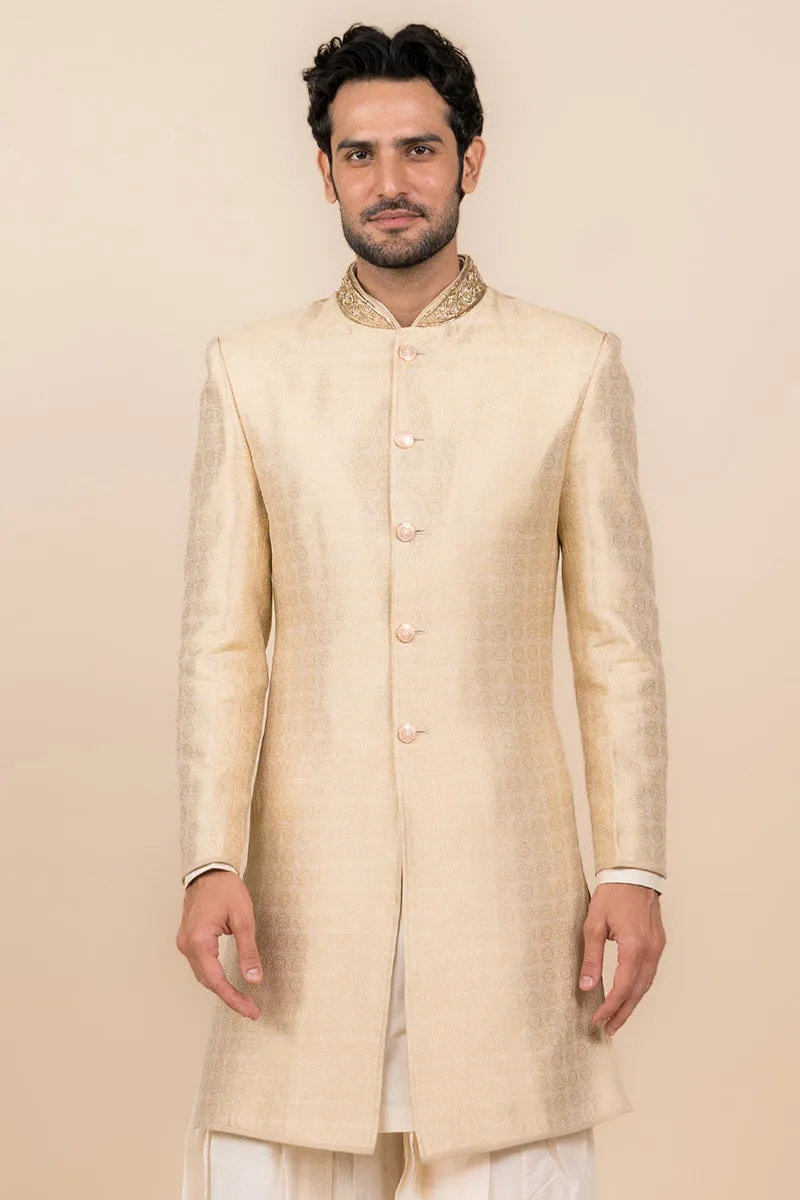 Gold Hand Embroidered Zari Jacquard Sherwani