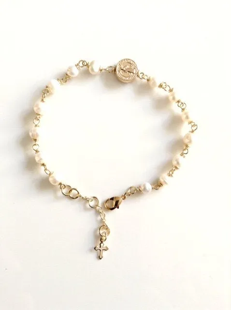 Gold St. Benedict Medal Adjustable Bracelet Freshwater Pearls