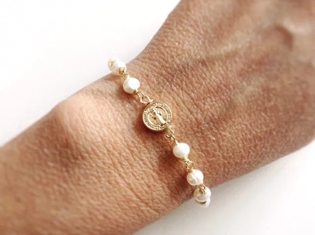 Gold St. Benedict Medal Adjustable Bracelet Freshwater Pearls