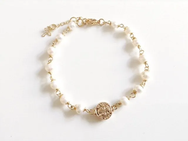 Gold St. Benedict Medal Adjustable Bracelet Freshwater Pearls