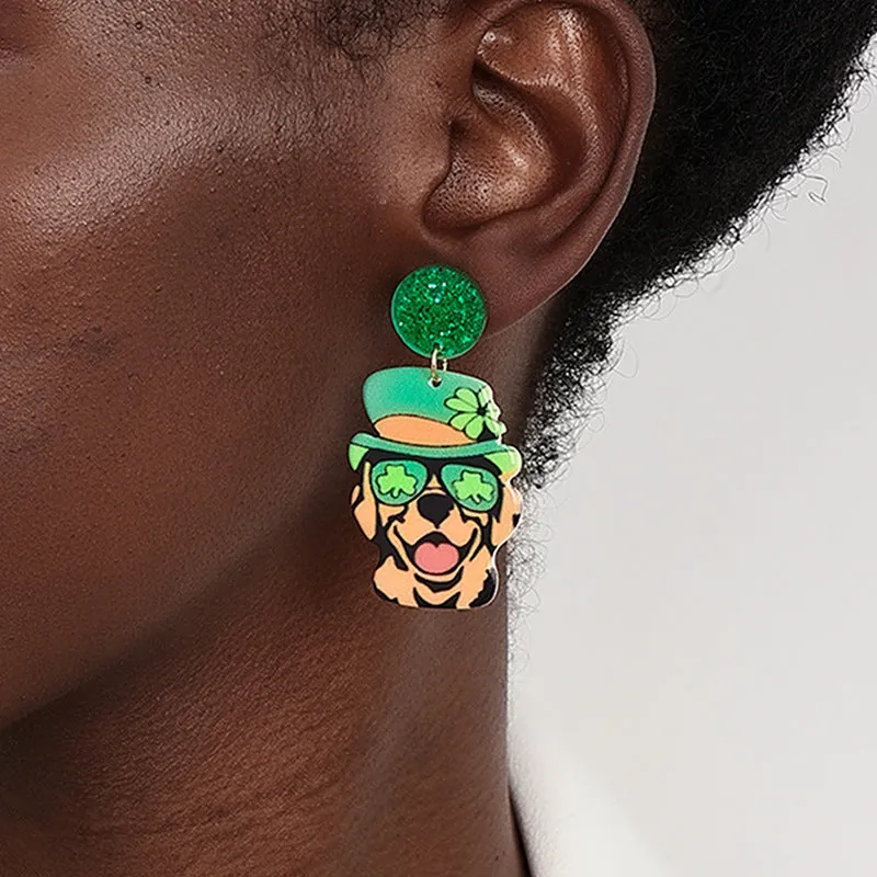 Green Hat Dog Fun Earrings for Stylish Kids and Colorful Women