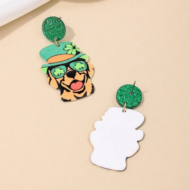 Green Hat Dog Fun Earrings for Stylish Kids and Colorful Women