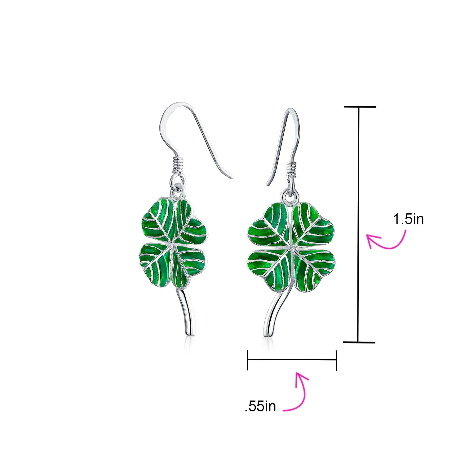 Green Shamrock Lucky Four Leaf Clover Dangle Earrings .925 Silver Fish Hook