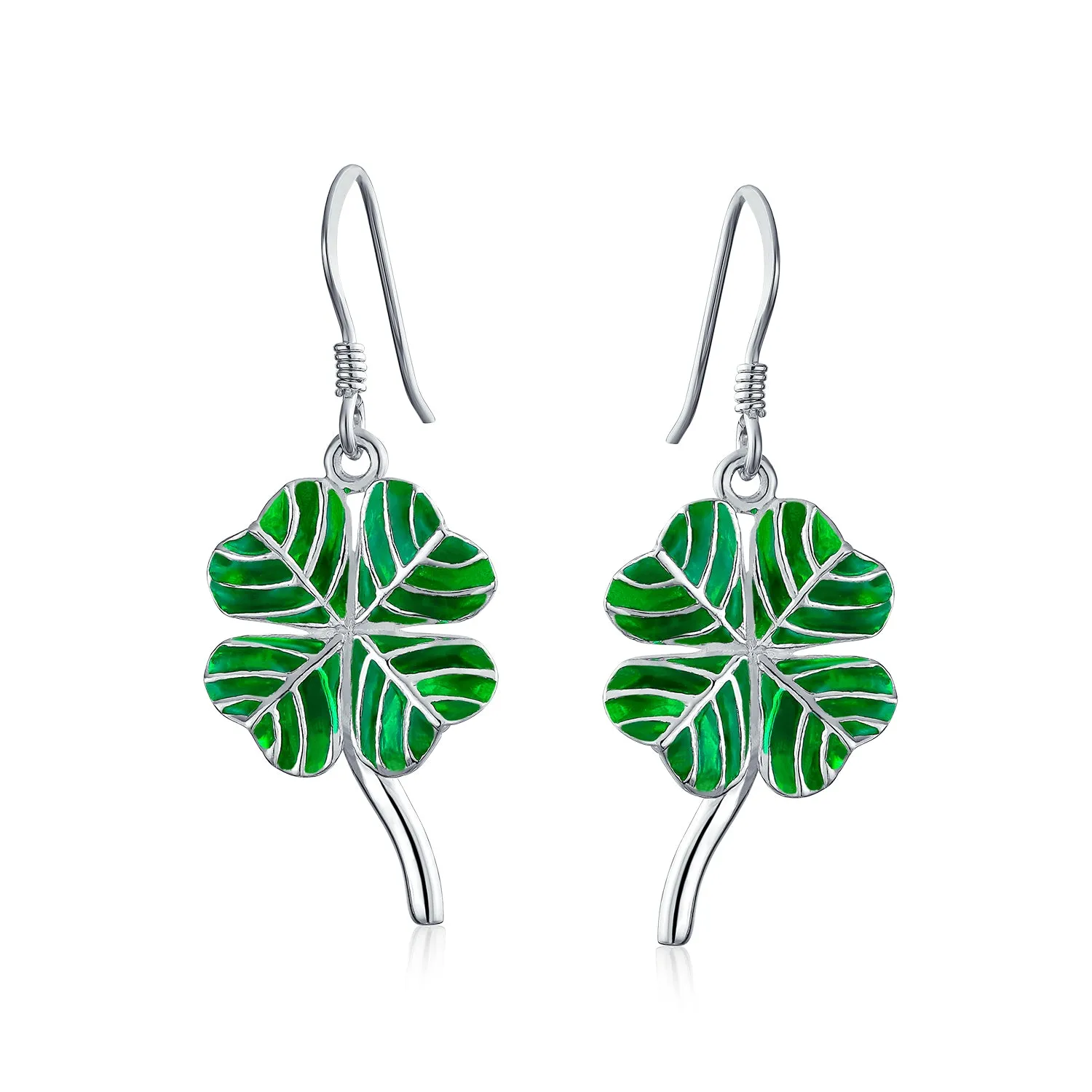 Green Shamrock Lucky Four Leaf Clover Dangle Earrings .925 Silver Fish Hook