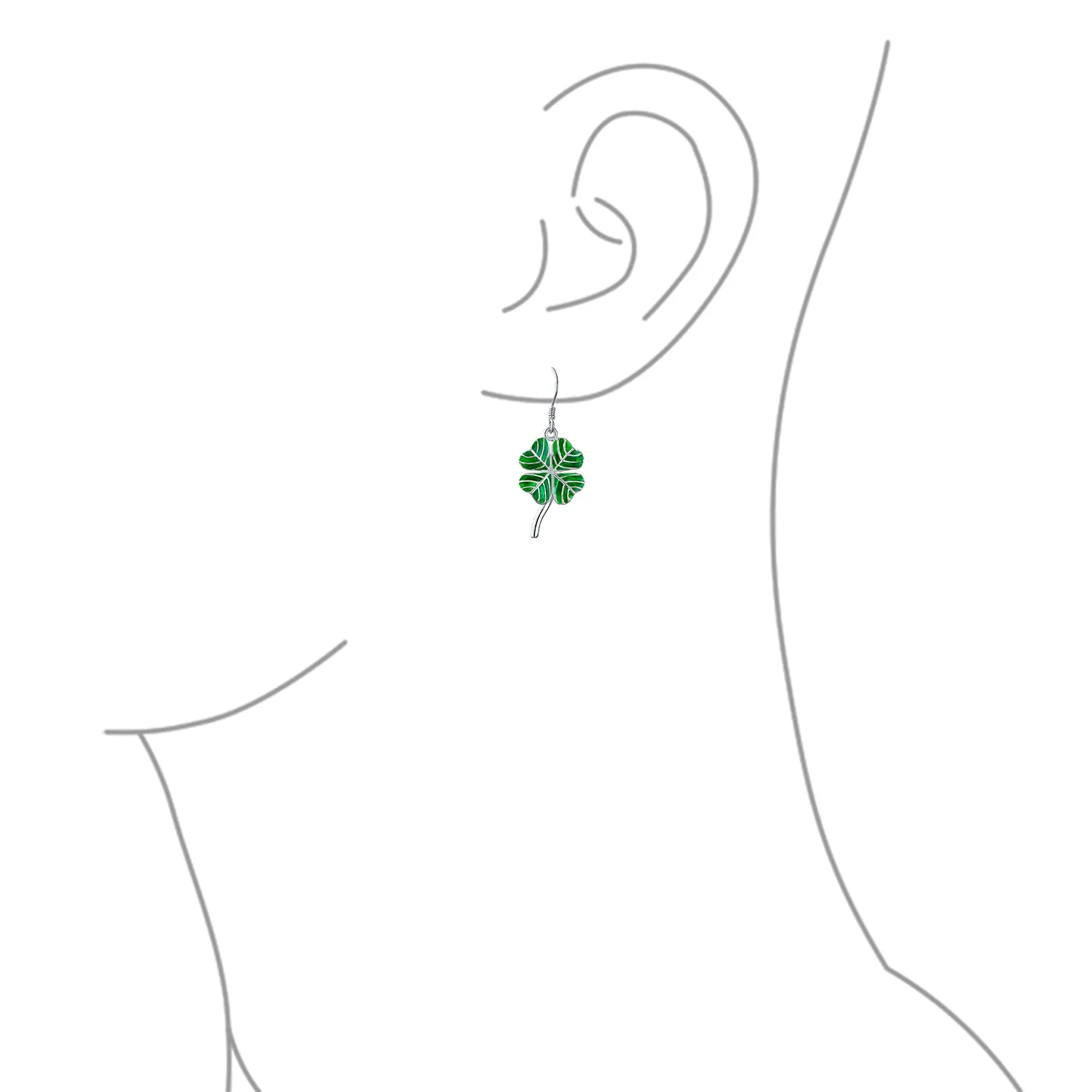 Green Shamrock Lucky Four Leaf Clover Dangle Earrings .925 Silver Fish Hook